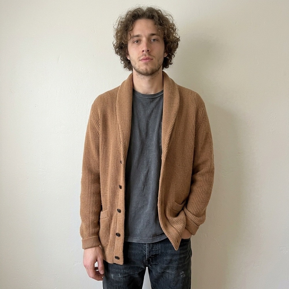 Reserve Mens Sweater XL Brown Shawl Collar Ribbed Knit Pure Camel Hair Scotland